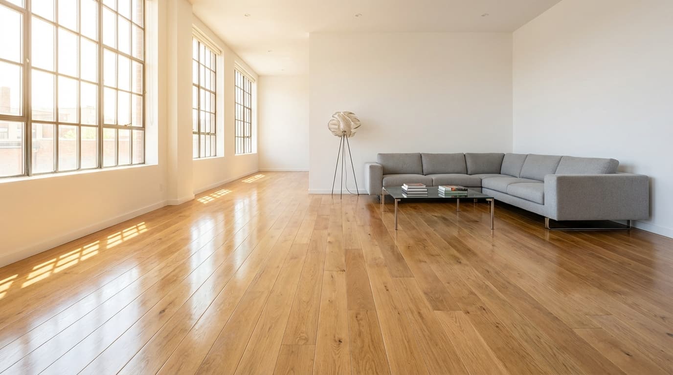 Recoated wood floor with fresh finish