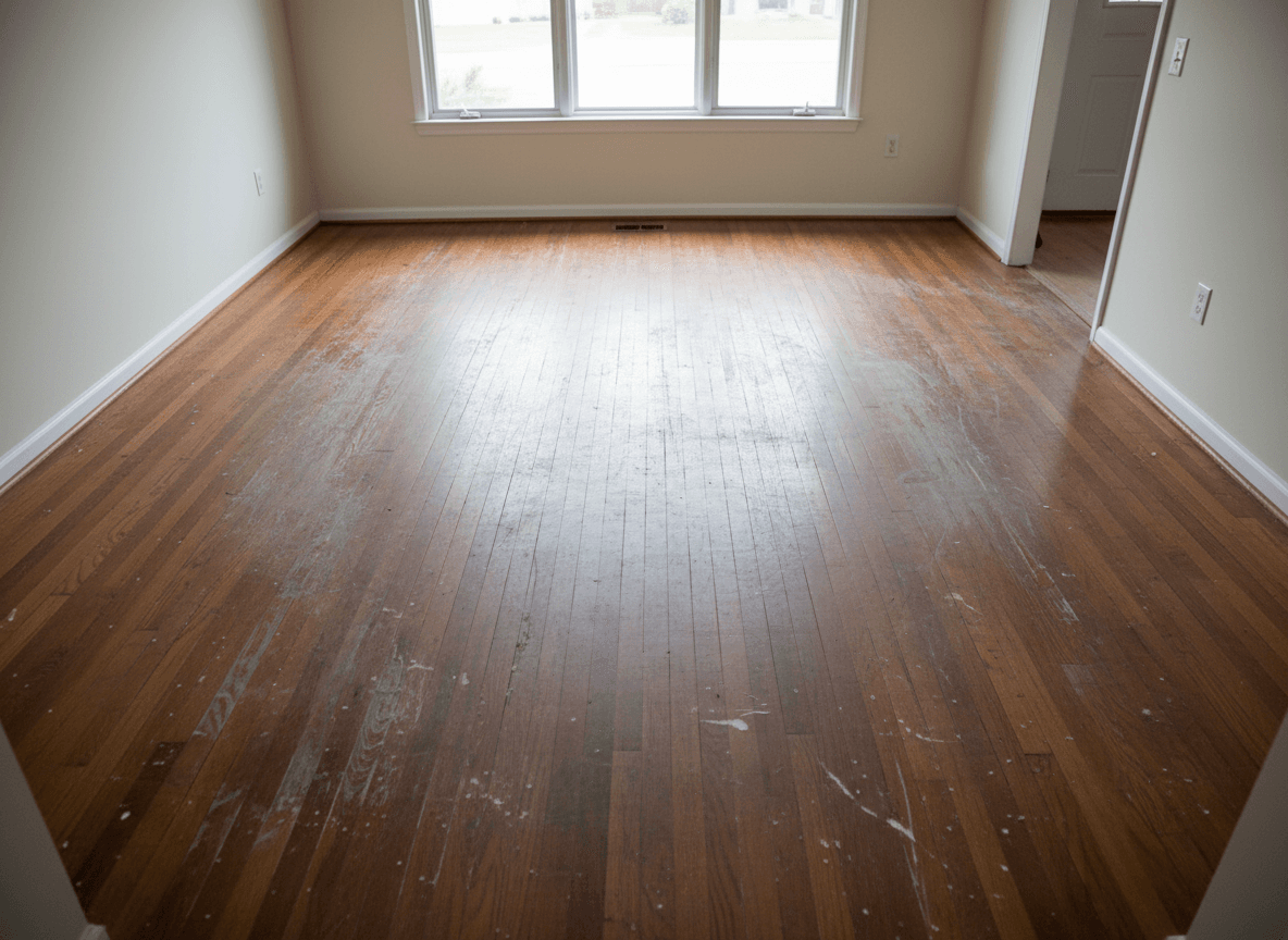 Worn hardwood floor before restoration